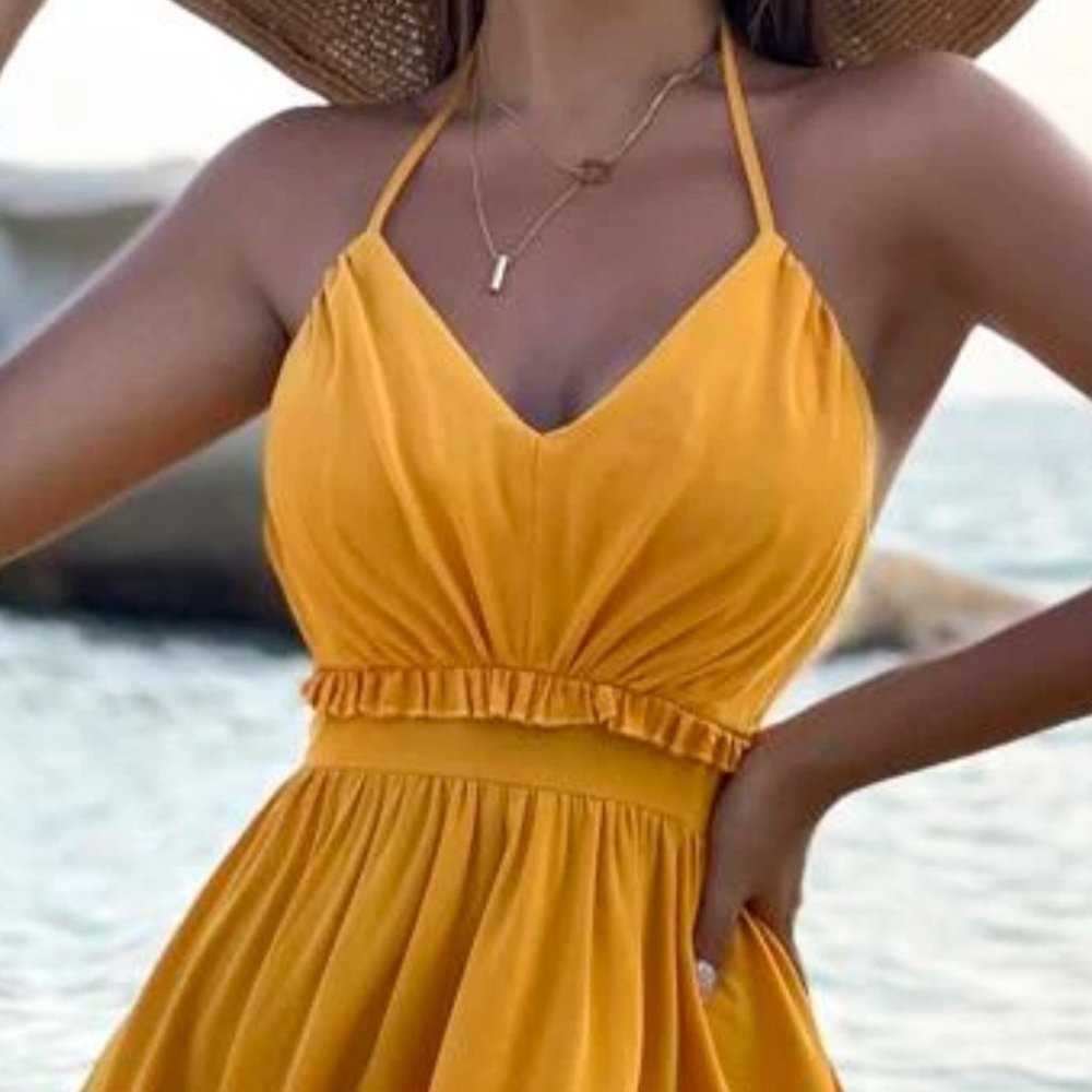 yellow Frill Trim Contrast Swiss Dot Halter Backless Dress - Picture 8 of 8